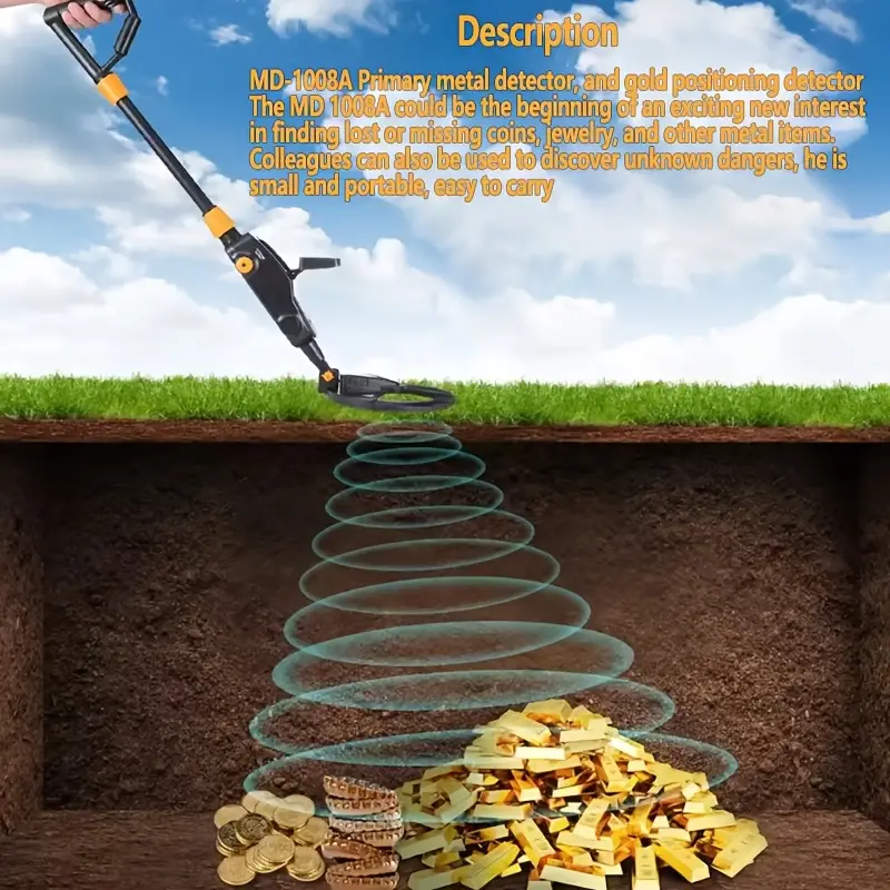 lightweight portable metal detector for beginners md 1008a model easy assembly battery powered batteries not included durable plastic construction with orange ideal for outdoor hobby exploration Product details 4