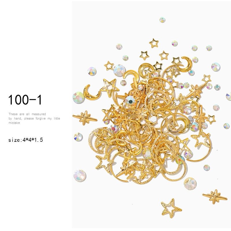 HNUIX Mixte Styles Lune Star Nail Glitter Strass Bijoux Charmes Gems Métal Tranche Rivet DIY 3D Dos Plat Nail Art décorations