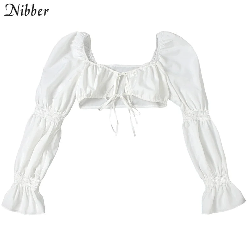 Nibber French Romantic Elegant Crop Tops For Women Sweet T-shirts Summer Street Casual Wear Female White Full Sleeve Tee 2021Top