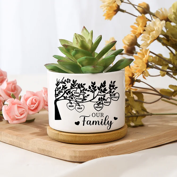 Personalized 7 Names & 1 Text Family Tree Flowerpot Custom Ceramic Flowerpot with Wooden Base Gift for Mother/Grandma