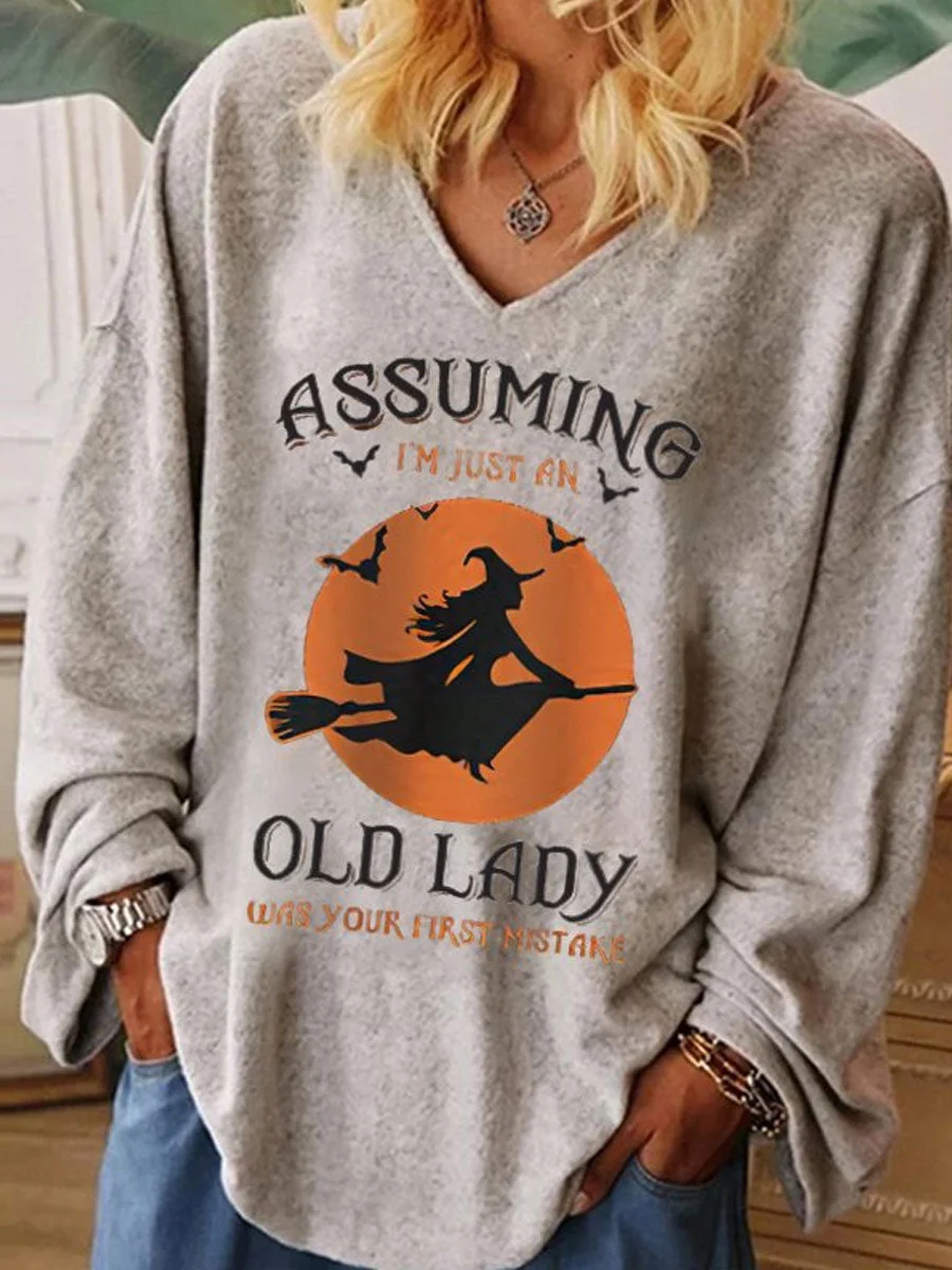Assuming I'm Just An Old Lady Printed V-neck Long Sleeve T-shirt