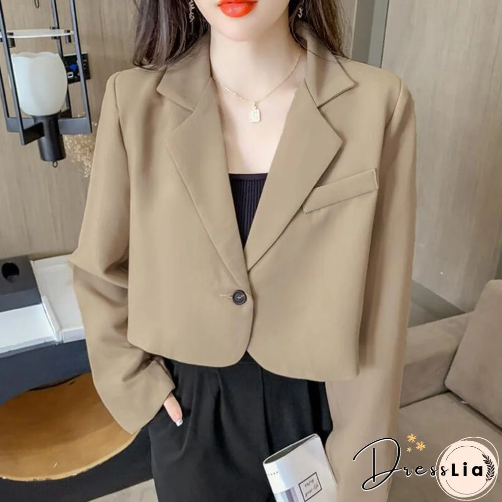 Korean Fashion Cropped Blazers Jacket Women Solid Color Single Button Short Suit Coat Long Sleeve Office Ladies Outwear