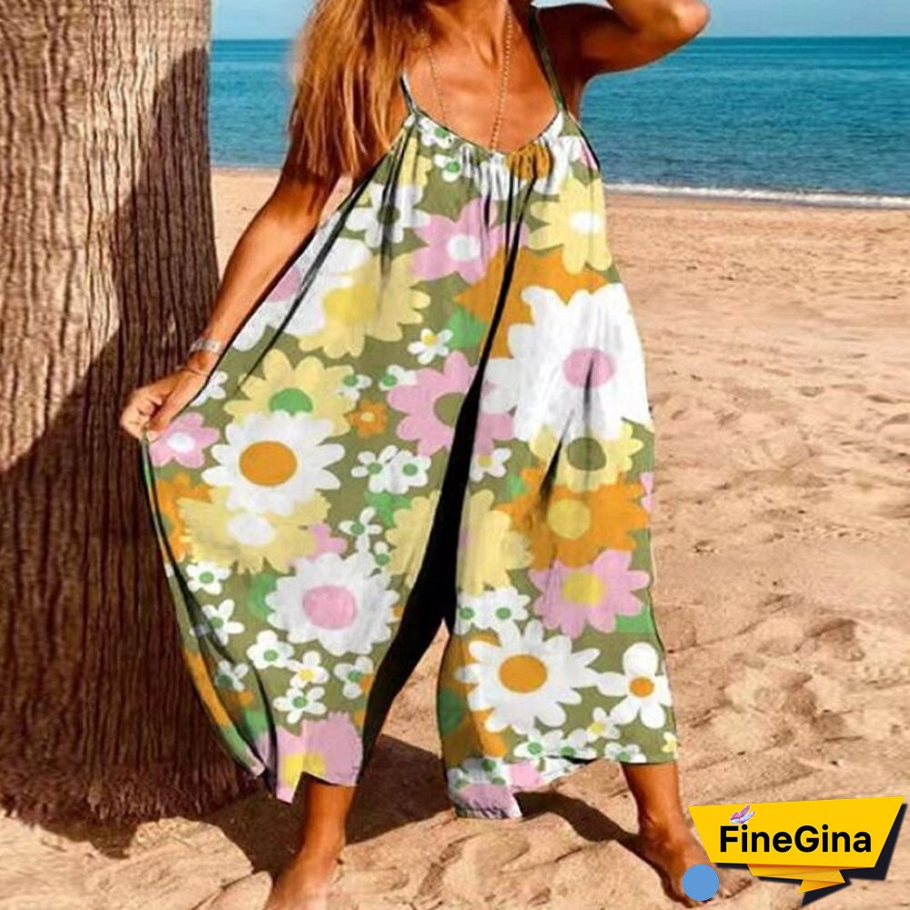 New Fashion Harajuku Straps Beach Jumpsuits Summer Casual Print Loose One-Piece Rompers Elegant V Neck Sleeveless Wide-Leg Pants