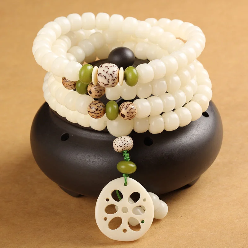 White Bodhi Seed Mala 108 Beads Luck Bracelet Necklace