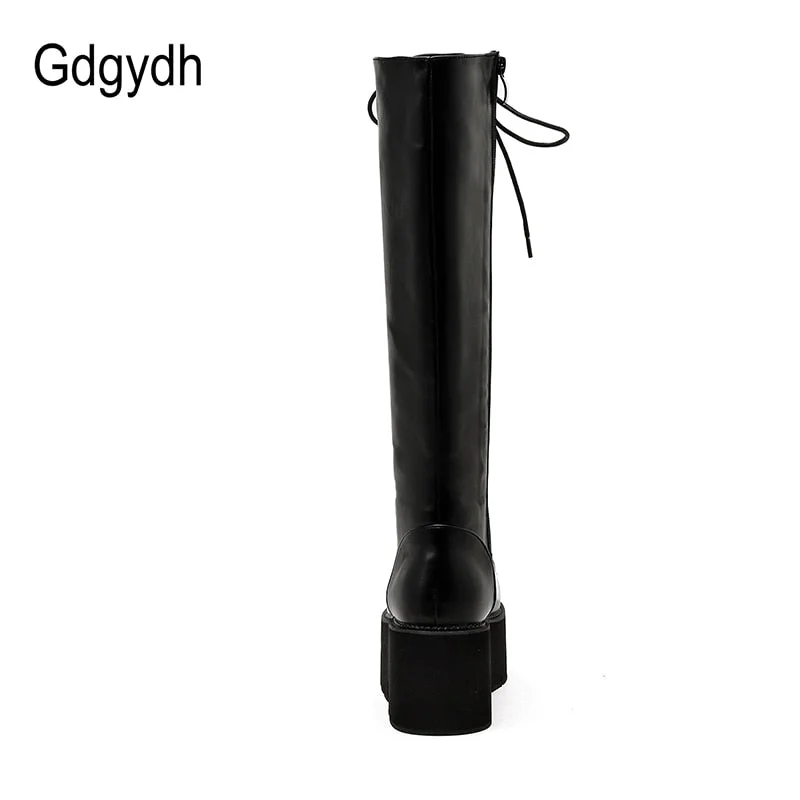 Gdgydh Chunky Platform Heels Pu Leather Knee High Boots Women Retro Punk Long Boots Woman Lace Up Booties Mujer 2021 New Fall