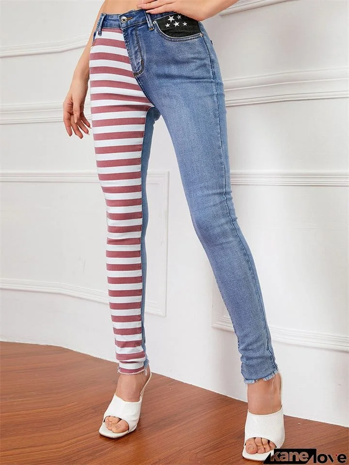 Women's Fashion Contrast Color Slim Fit Denim Jeans