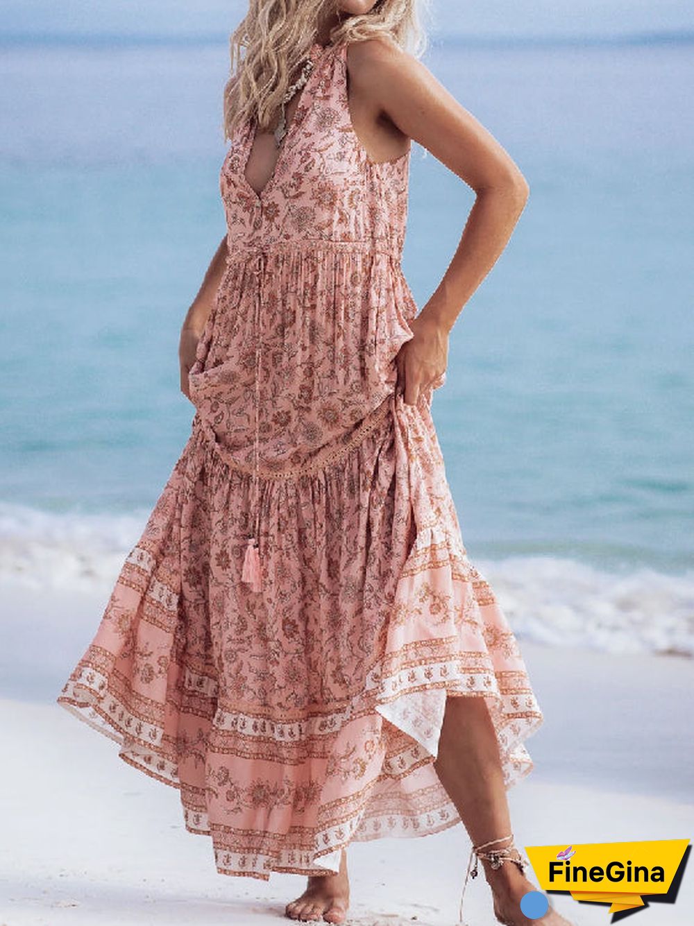 Vintage Casual Vacation Boho Halter Print Dress S-5XL