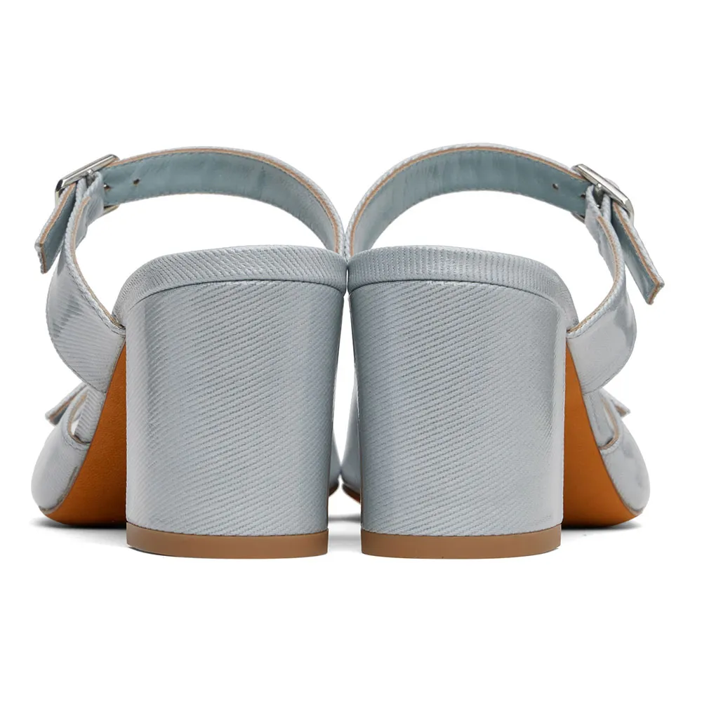 Light Blue Open Toe Chunky Heel Buckle Strap Slip On Slide Sandals
