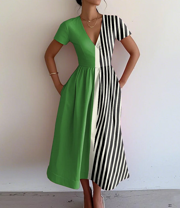 Retro Elegant Abstract Geometric Print V-Neck Short Sleeve Dress