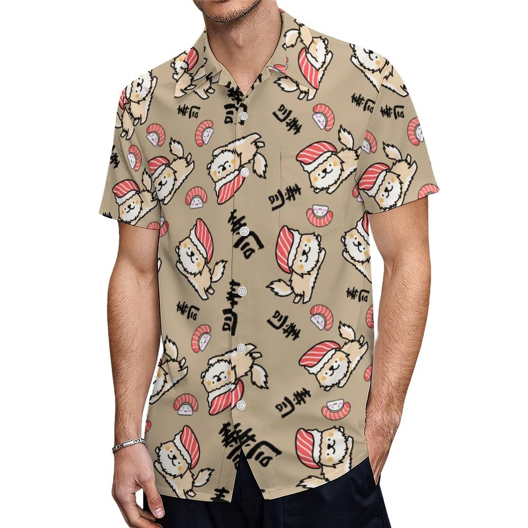Short Sleeve Sushi Dog With Japanese Kanji Hawaiian Shirt Mens Button Down Plus Size Tropical Hawaii Beach Shirts