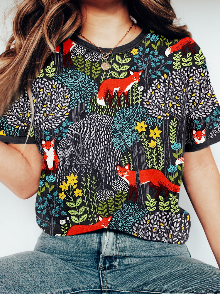 Fox in the Forest Graphic Vintage Cozy T Shirt artswardrobe