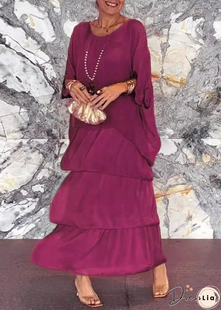 Loose Grey O Neck Solid Chiffon Long Dress Half Sleeve