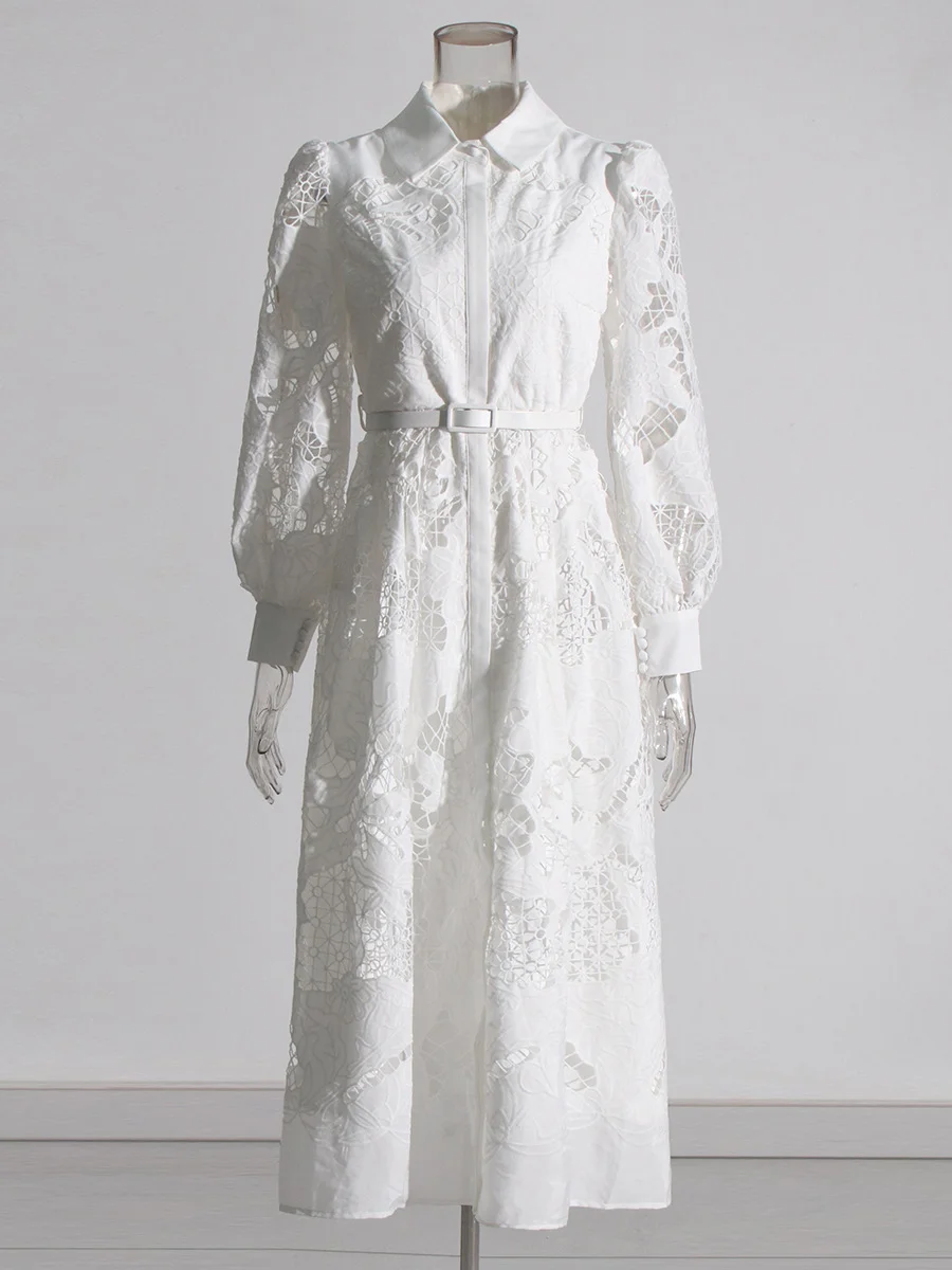 Uaang Vintage Wind 2025 Summer New Clip Long Lantern Sleeves Medium Embroidery Empty Solid Color Dress Woman