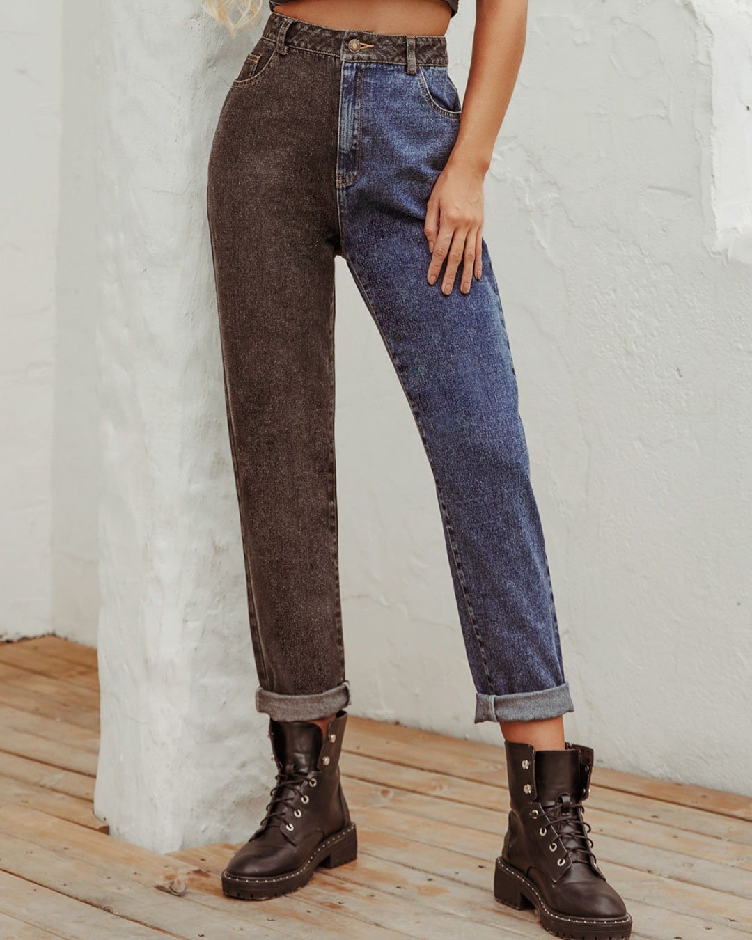 Fashionv-Tie-Dye Colorblock Denim Fabric Casual Stretch Women's Straight Jeans