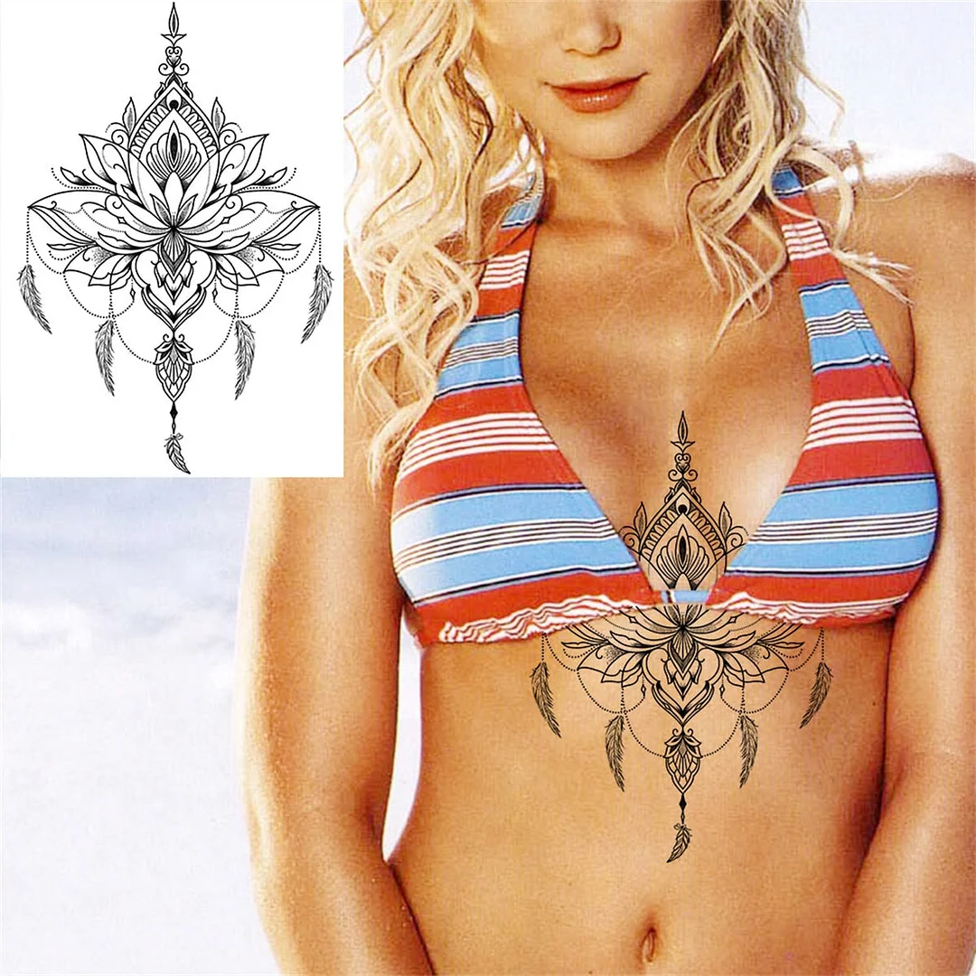 Pendant Flower Temporary Tattoos For Women Adult Fake Jewelry Tattoo Sticker Peony Black Henna Moon Large Thigh Tatoo Waterproof