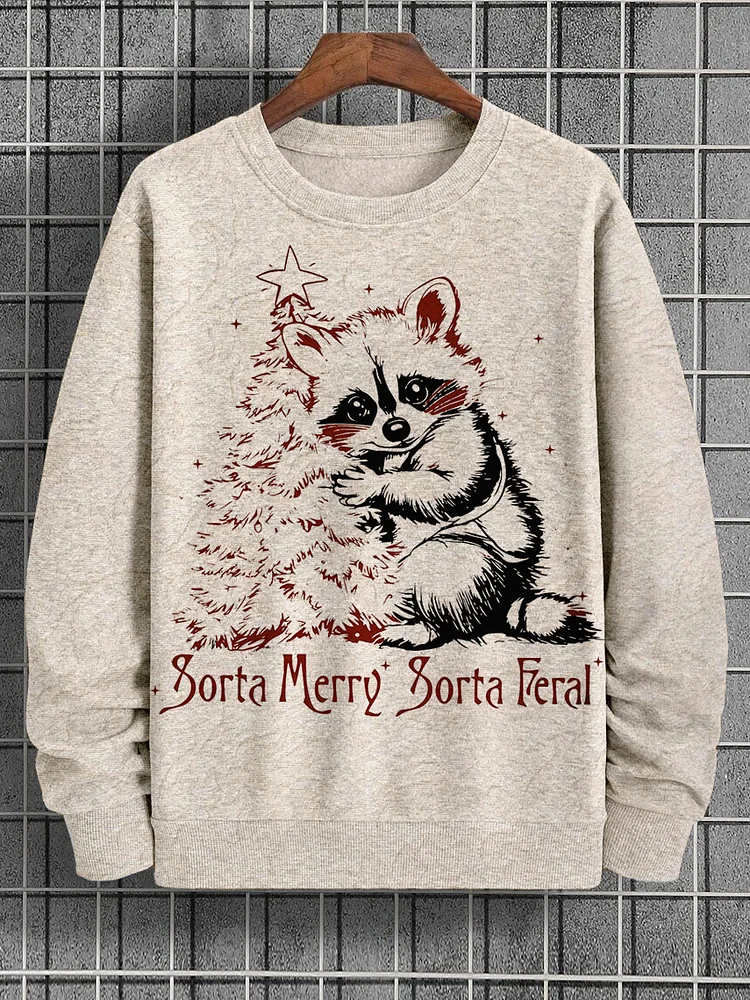 Men's Sorta Merry Sorta Feral Raccoon Christmas Tree Art Print Casual Sweatshirt