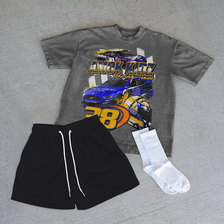 Vintage Fashion Racing T-Shirt Shorts Two-Piece Set