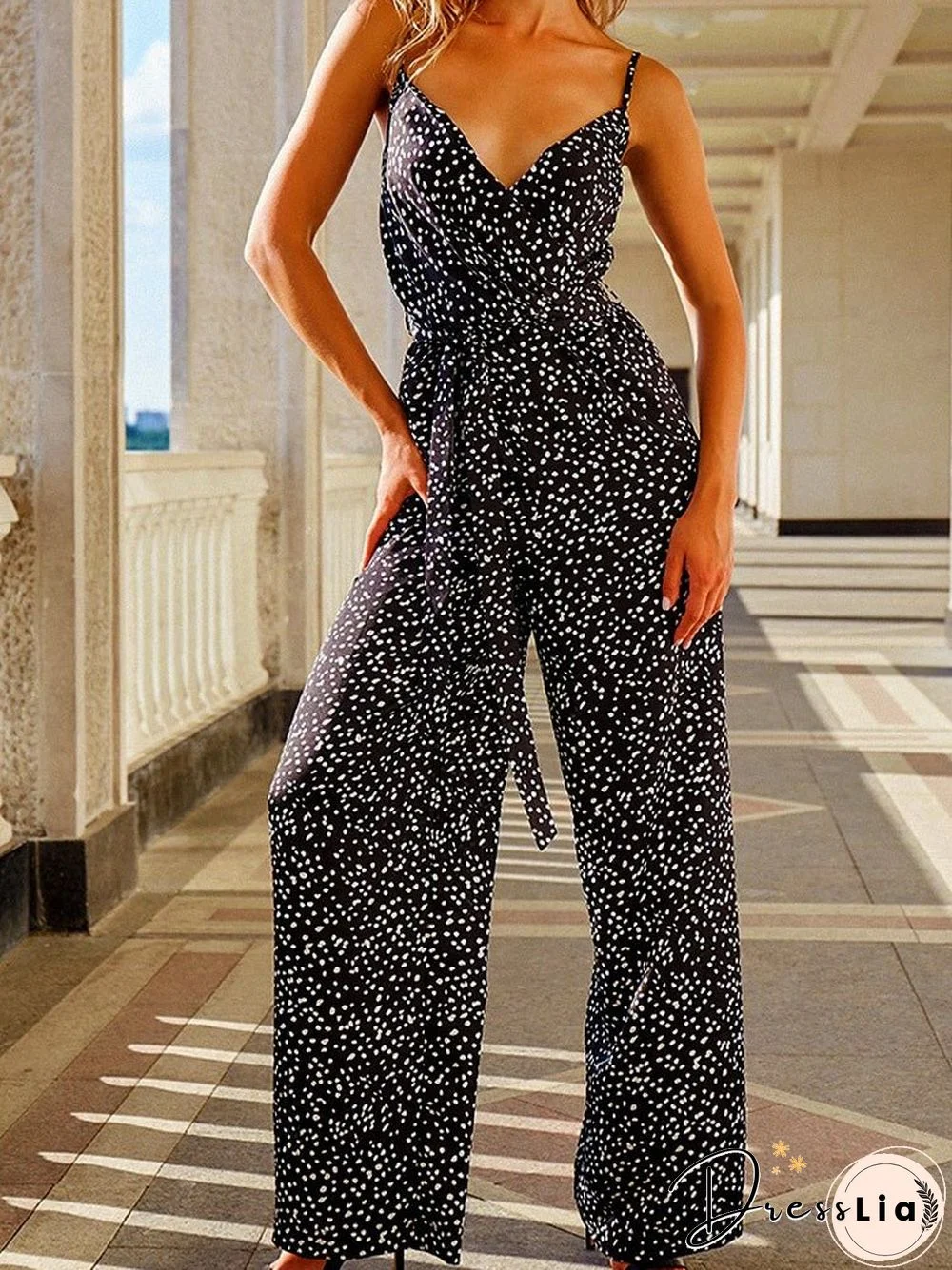 Women'S Jumpsuits Printed Sling Belted Sleeveless Jumpsuit