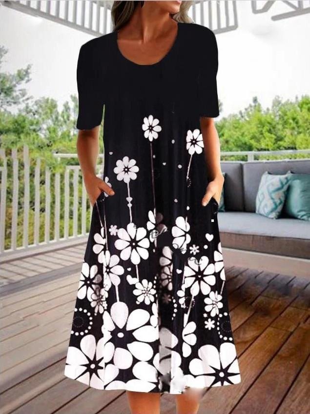 Flower Print Casual Beach O-neck Pocket Short Sleeve Sundress Dress