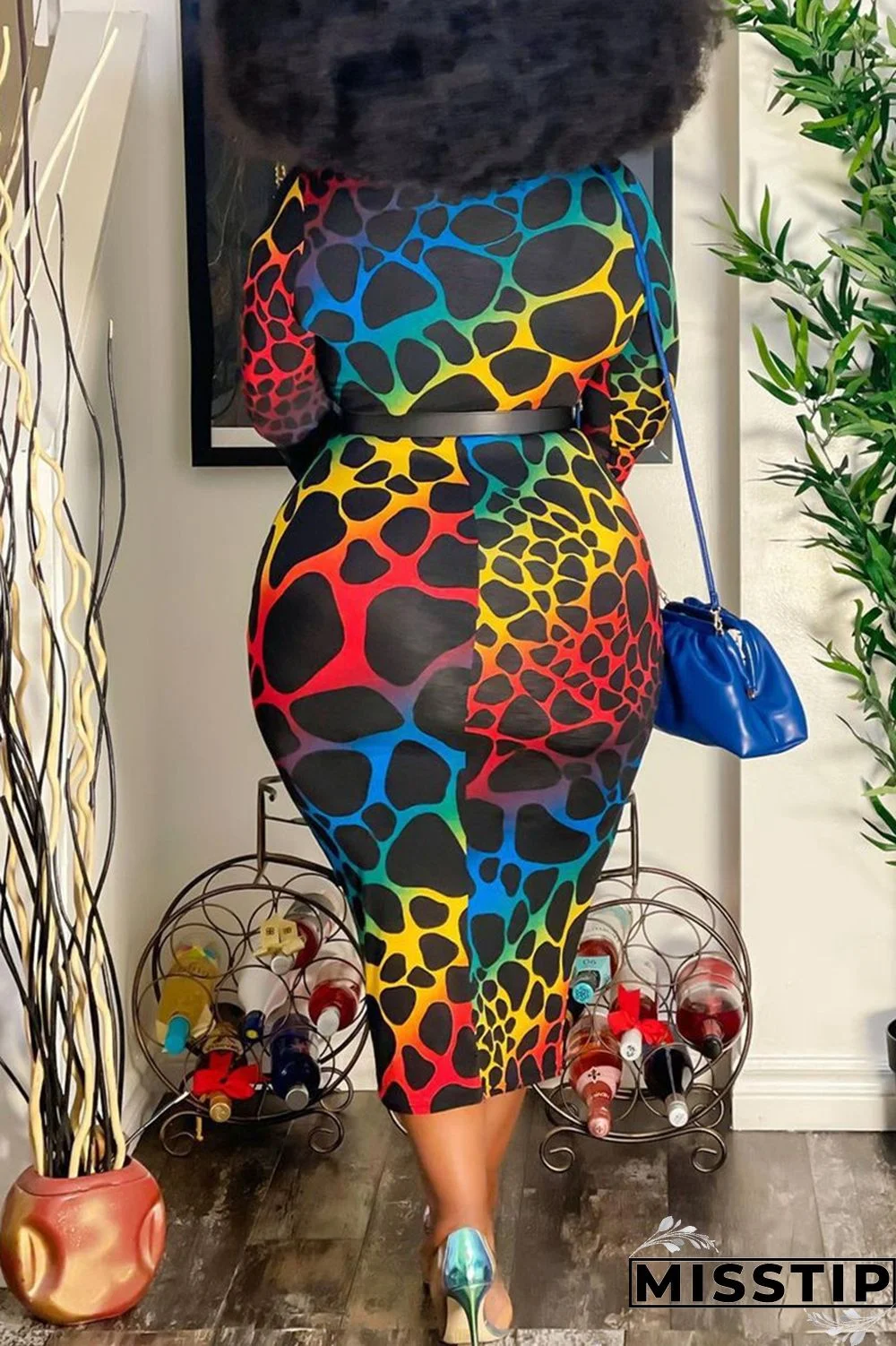 Multicolor Fashion Casual Print Without Belt O Neck Plus Size Dresses