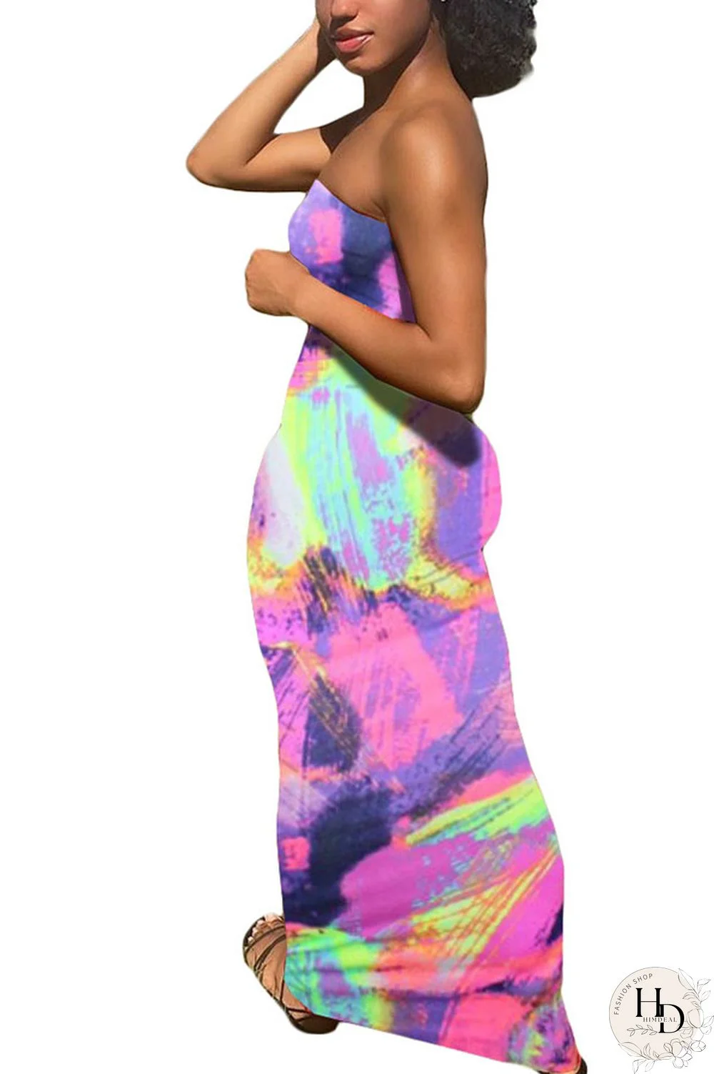 rose red Sexy Print Tie-dye Backless Strapless Pencil Skirt Dresses