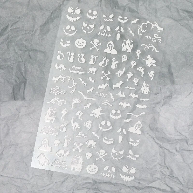 Halloween Nail Art Stickers Laser Black and White Skull Bat Spider Web Pumpkin Sticker Designer 3D Manicure Art Decals 9*16CM