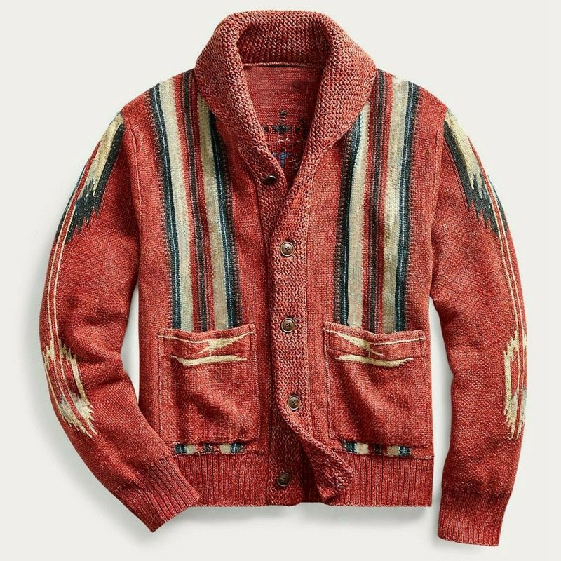 Men's Printed Knitted Long Sleeve Casual Lapel Jacket Retro Cardigan Sweater