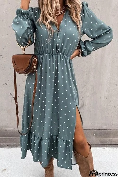 Dot Button Ruffels Slit Maxi Dress