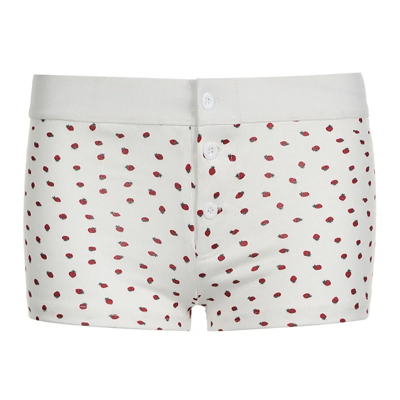 Ueong And Spicy Girl, Strawberry Printed Breasted, Slim, Low-Waisted Shorts, Straight-Tube Casual Pants, Home-Bottomed Pants.