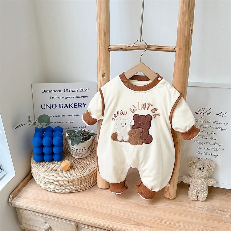 Baby Boy Bear and Letter Patch Long Sleeve Fluff Romper