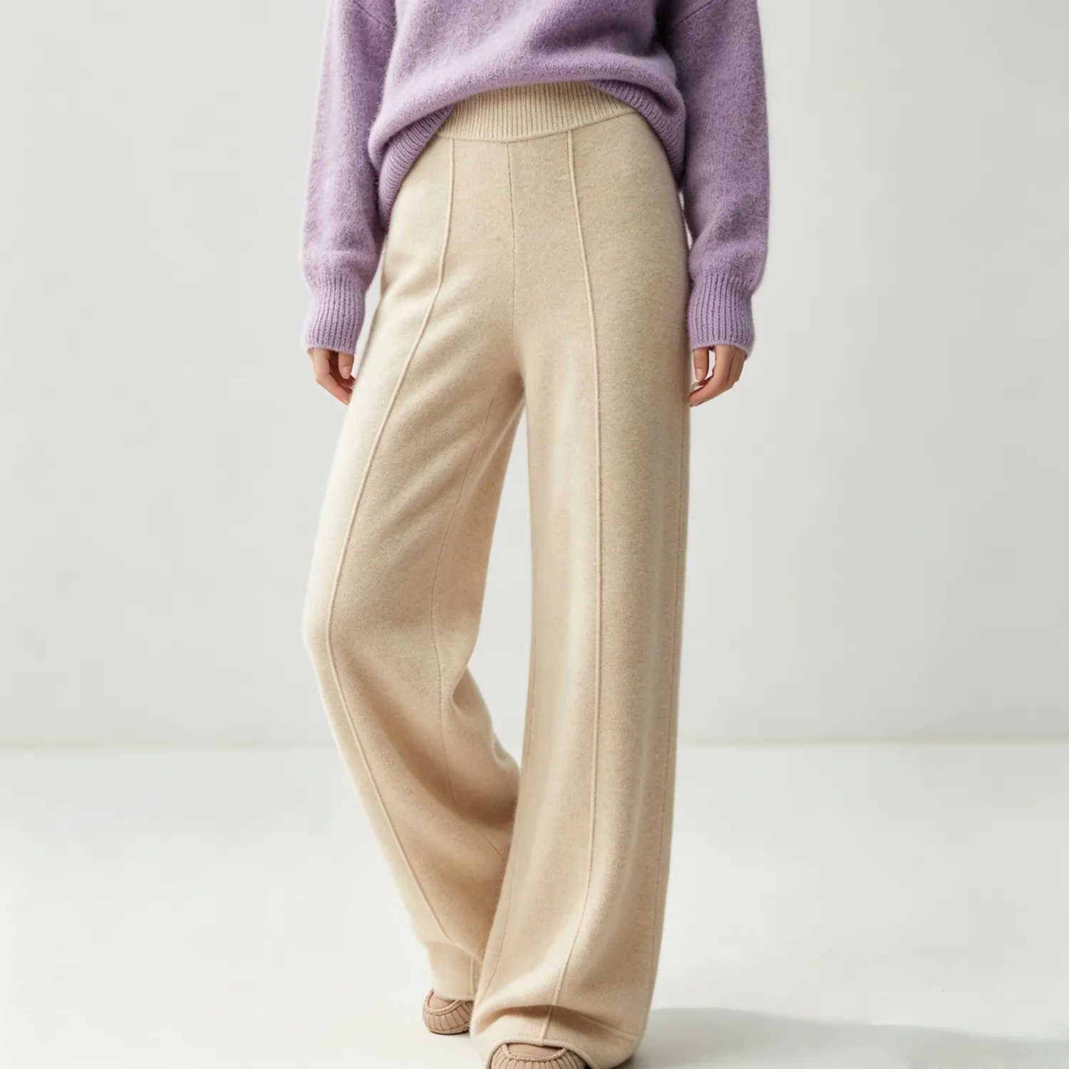 Cashmere Wool Blend Knit Pants Pleated High Waist Straight Leg Daily Style REAL SILK LIFE