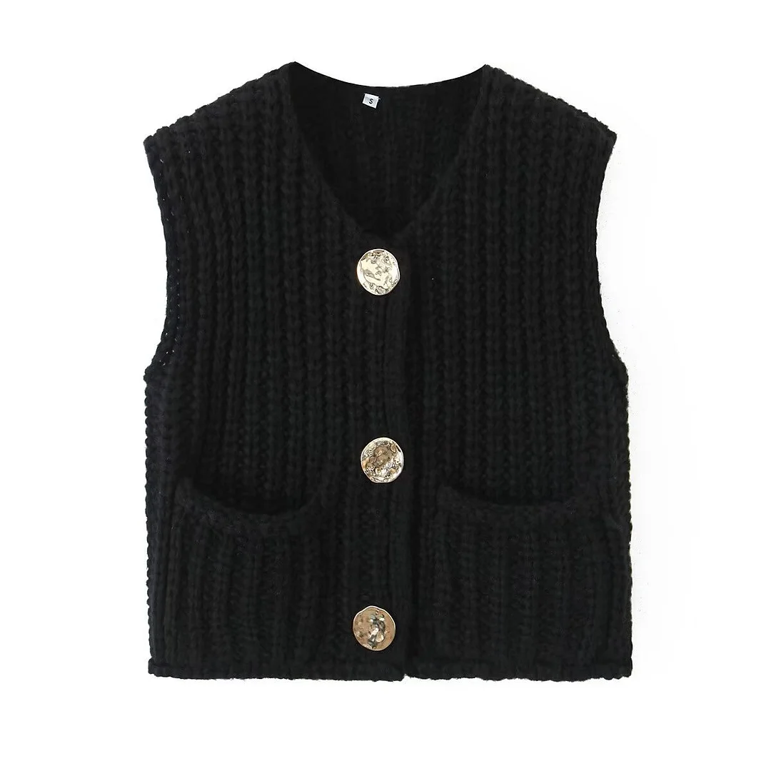 Nigikala Nigikala 2025 Spring And Autumn 2025 New Women's Pocket Sleeveless Short Knitted Cardigan Vest