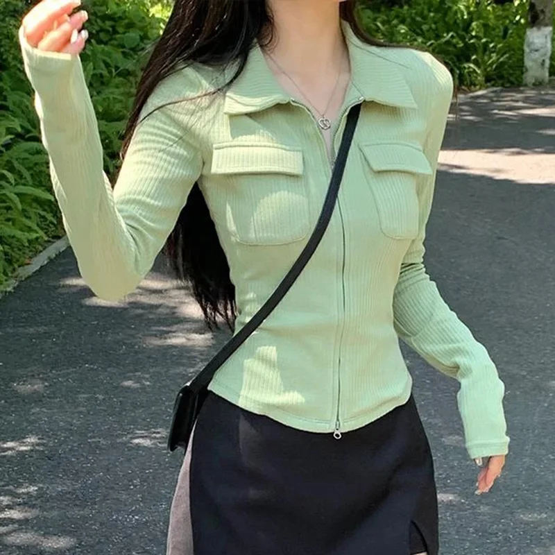 Budgetg Y2K T Shirts Women Streetwear Long Sleeve Zipper Slim Crop Tops Harajuku Preppy Korean Fashion Black Irregular Casual Tee