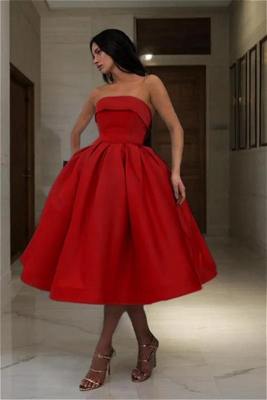 Miabel Light Blue Elegant Puffy Strapless Tea Length Short Homecoming Dress