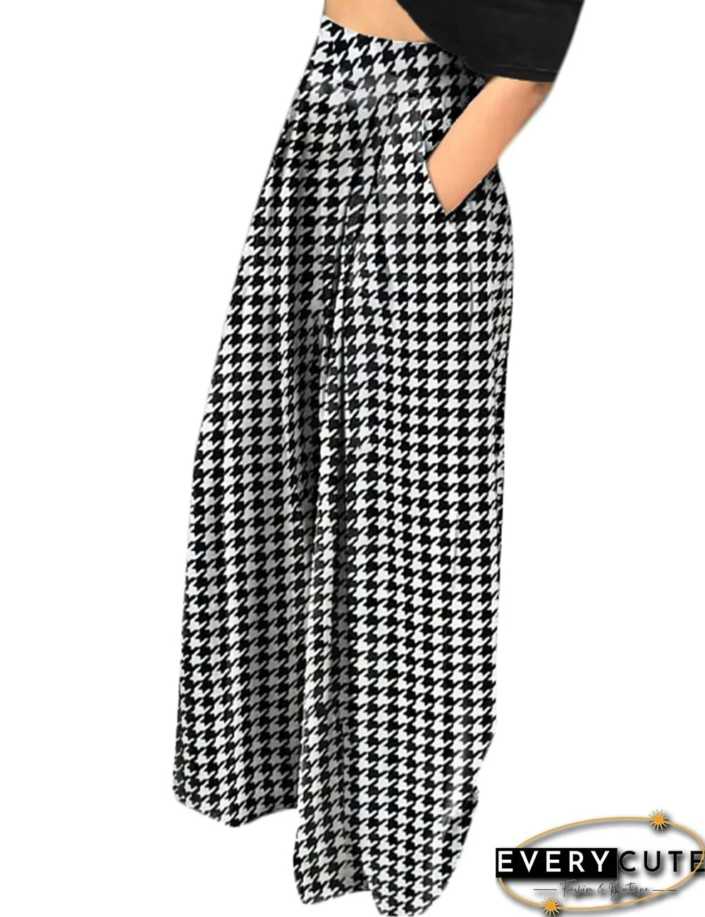 Black Plaid Print Wide Leg Pants with Pockets