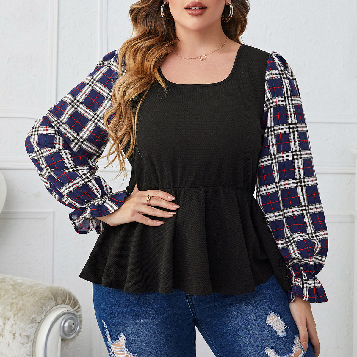 Popular Stitching Plaid Long Sleeve Plus Size Slim Fit Women Top