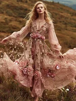 Vintage Bohemian Pink Floral Resort V-neck Long Sleeve Dress