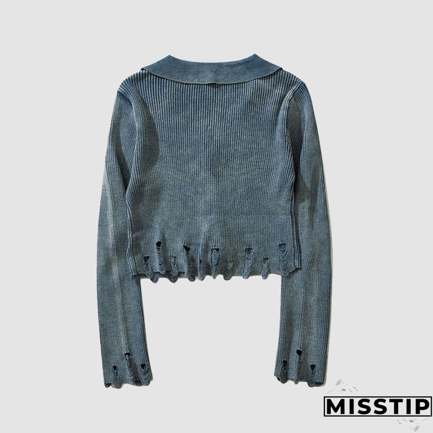 V Neck Distressed Star Button Cropped Cardigan Sweater