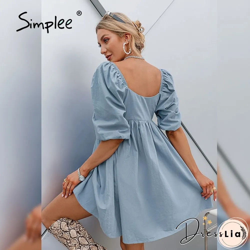 Cotton V-Neck Loose Lantern Sleeve Mini Dress Fashion Blue Summer Women A-Line Solid Retro