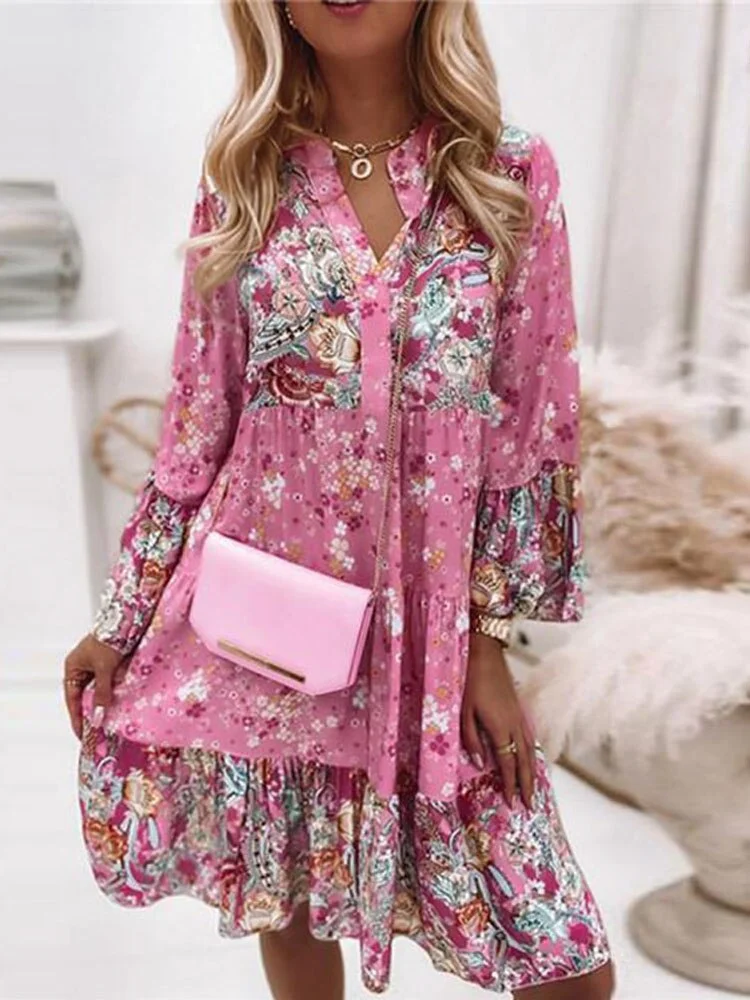 Graduation Gifts  Retro Floral Print Flare Sleeve Mini Dress Spring Ruffle Loose Women Party Dress Casual V Neck Beach Pullover Dress