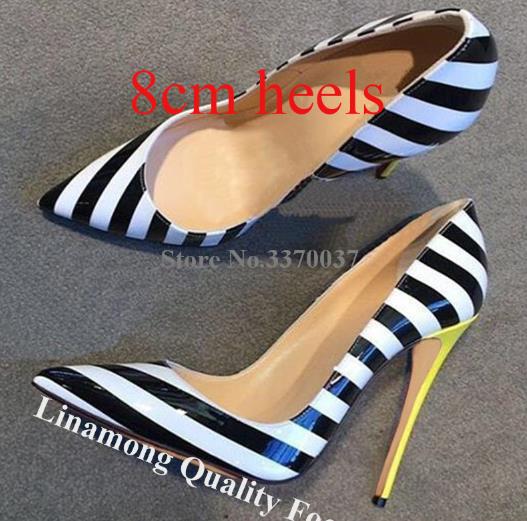 VCSHOES White-black Stripes Patchwork Yellow Stiletto Heel Pumps 8 10 12cm Zebra Pattern Leather High Heels Big Size Dress Shoe