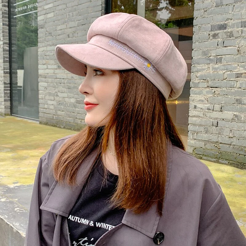 Suede Women Beret Autumn Winter Octagonal Cap Vintage Artist Painter Hat Ladies Daisy Embroidery Beret Hats Female Newsboy Caps