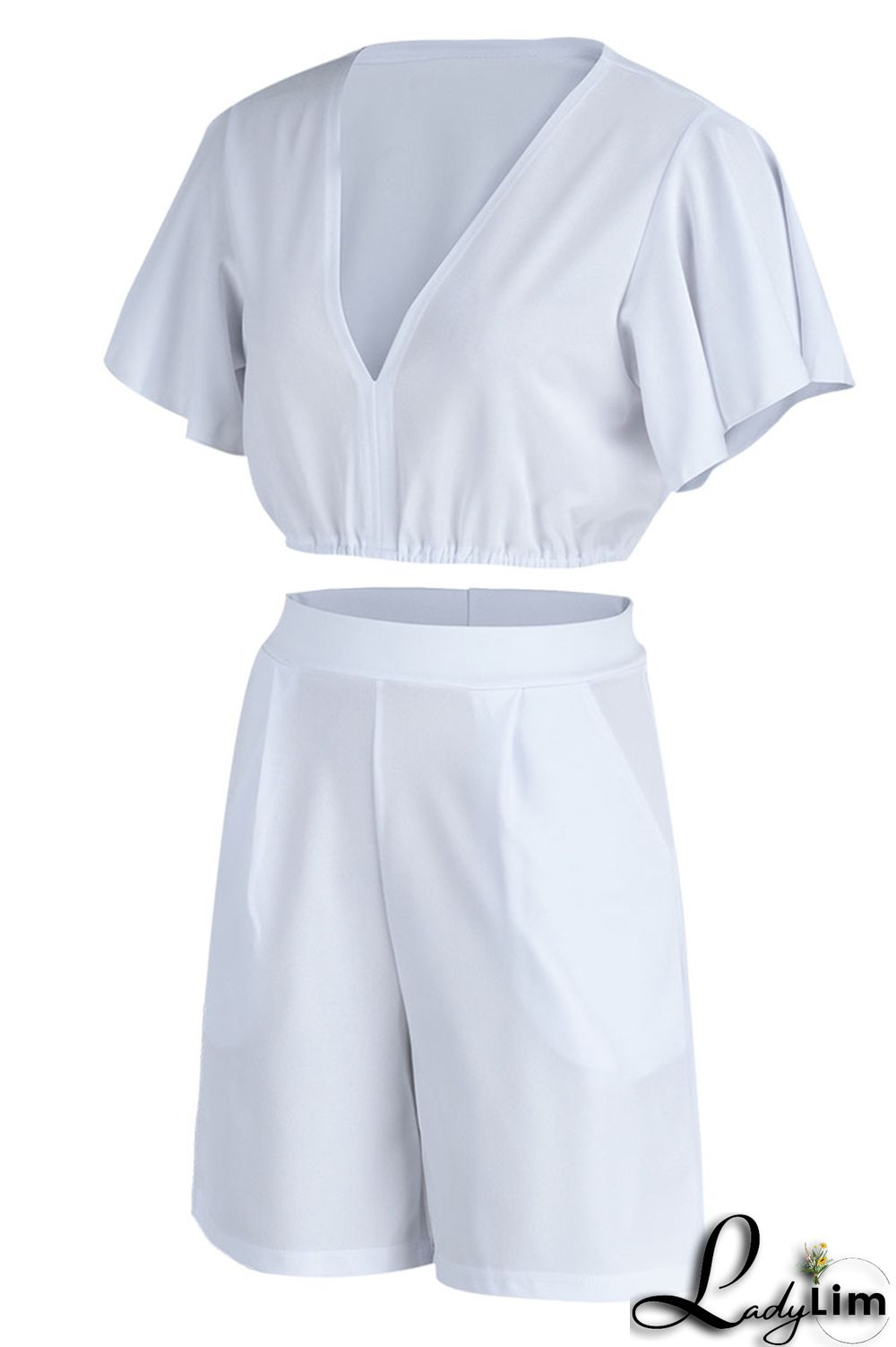 Blue Casual Solid Patchwork Flounce V Neck Short Sleeve Two Pieces