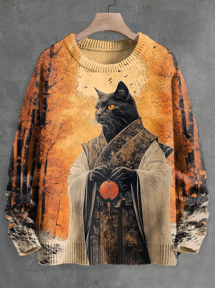 Men's Autumn Black Cat Traditional Robe Oil Painting Print Knit Sweatshirt