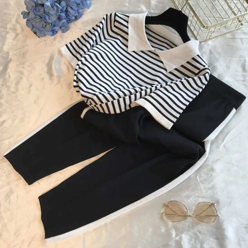 Jangj 2024 Fashion Tracksuits Woment Striped Knit Pants Suit Casual Knitted Short-sleeved T-shirt + Long Pants 2 Piece Sets