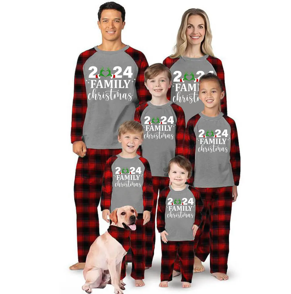 "2024 Family Christmas" Quirky Heart Letter Print Black & Red Plaid Family Matching Grey Pajamas With Dog bandana