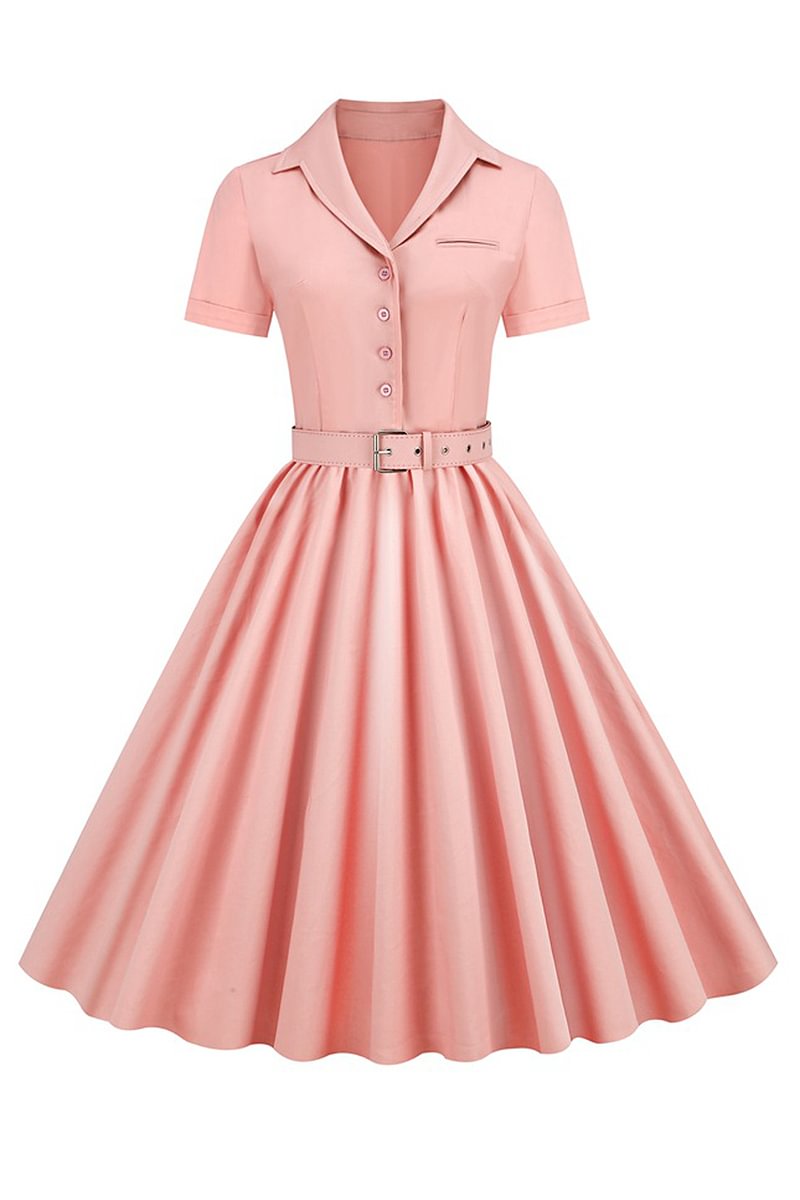 1950s Pink Retro Solid Stitching Waist Skirt Midi Dress