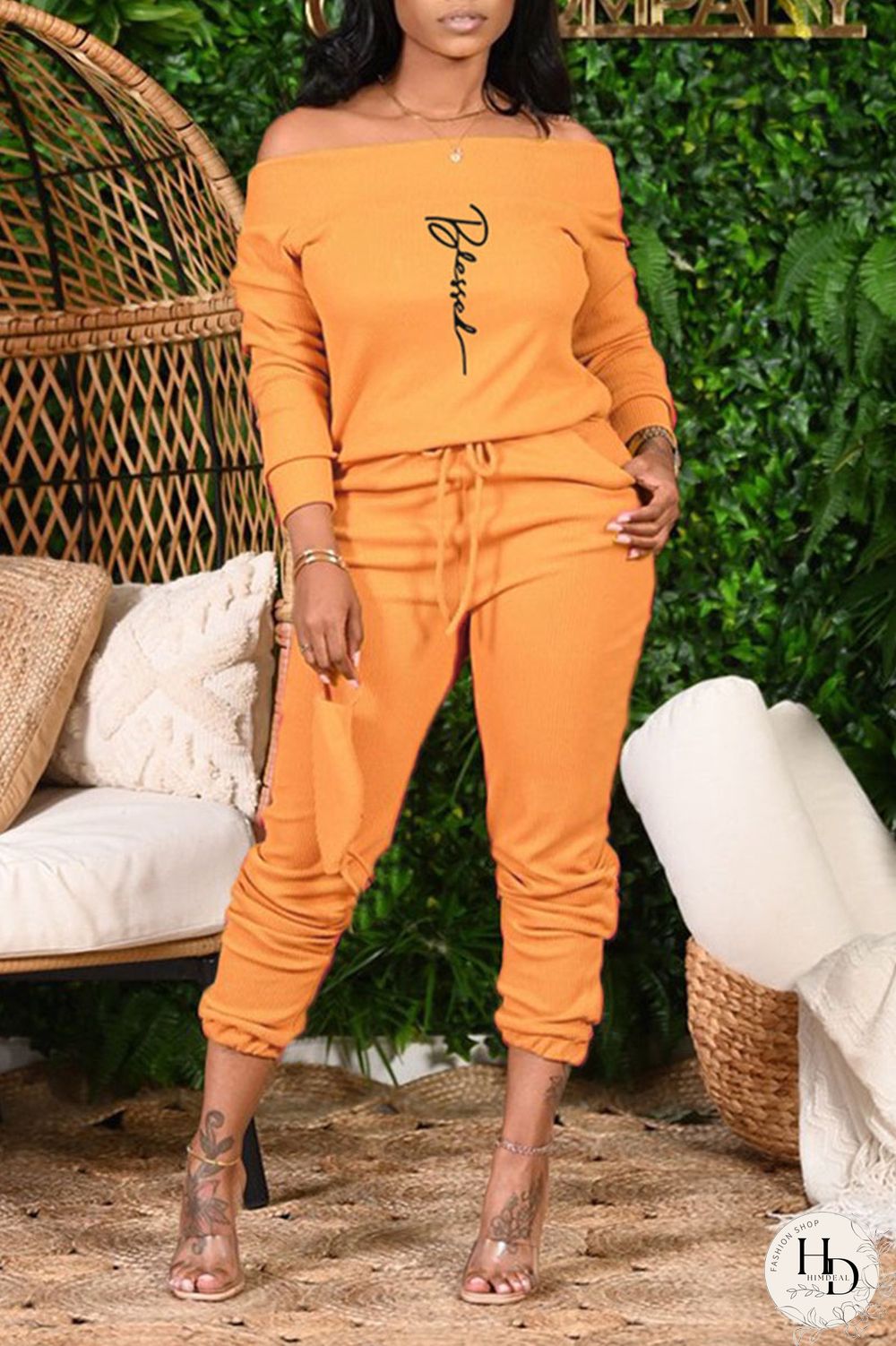 Red Casual Print Split Joint Off the Shoulder Long Sleeve Two Pieces