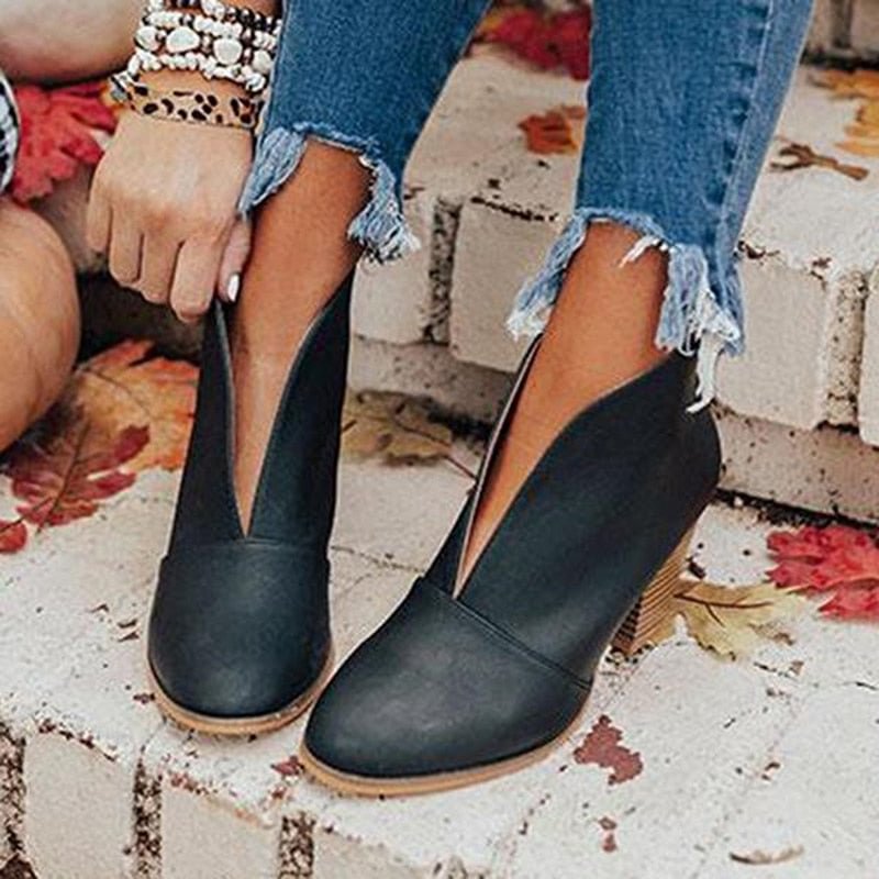 Pu Ankle Boots V Cutout Front Slip On Block Heels