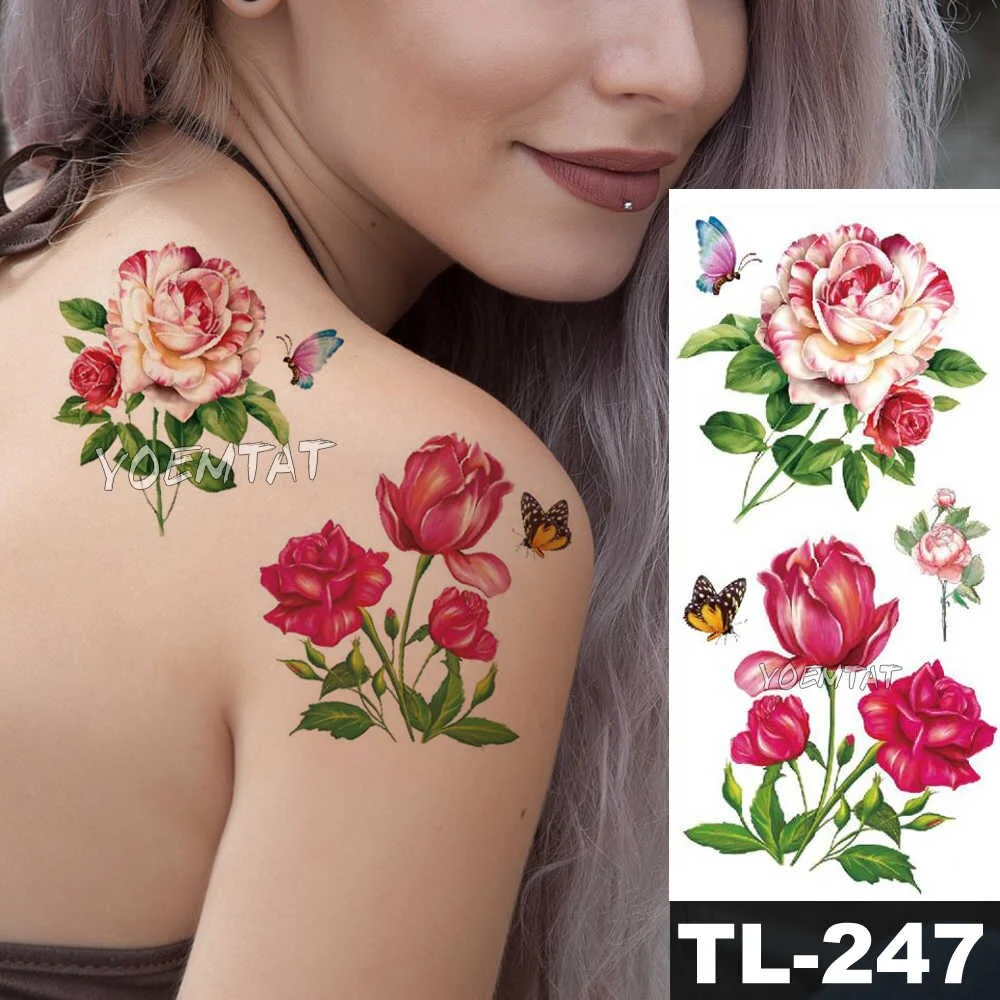 Sdrawing Watercolor Rose Lily Flower Waterproof Tattoo Stickers Women Body Chest Art Temporary Tatto Girl Waist 3D Flowers Tatoo